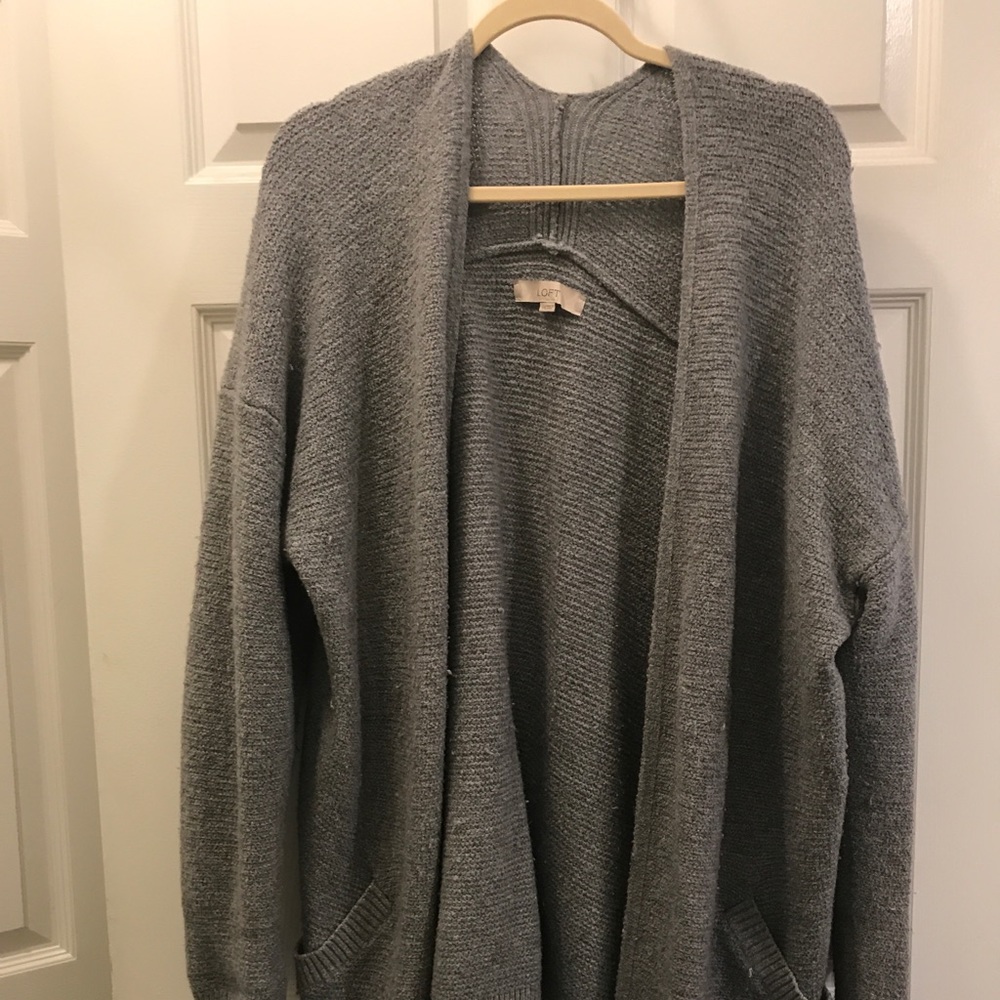 Loft nubbly grey cardigan sweater (tunic length).